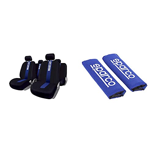 Sparco Spc1011 Classic Juego De Fundas para Asientos De Coche, Color Negro Y Azul, 9 Piezas + Spc1204Bl Seat Belt Padding Blue, 2 Units