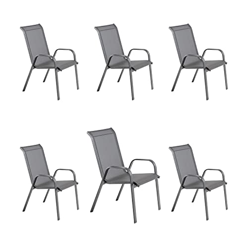 Edenjardi Pack 6 sillones de Exterior apilables, Medidas 57x74x96,5 cm, Aluminio Reforzado Color Antracita, Textilene Color Plata y Negro, sillas de Comedor, Silla de terraza