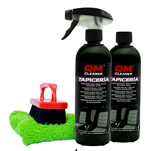 QM Cleaner kit Limpia Tapicerías Profesional para limpiar asientos coche | Para alfombras, tapicerías, moquetas, cinturones de seguridad, alcántara | 2 botellas, 1 microfibra y 1 Cepillo Premium