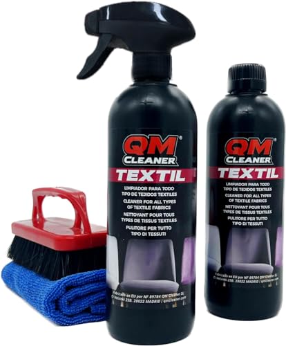 QM Cleaner Textil | Limpiador de todo tipo de tejidos: sillas, sillones, alfombras... Neutraliza Olores (Kit 1L + Cepillo + Microfibra)