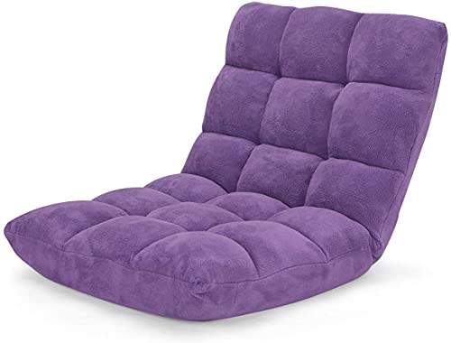 GIANTEX Silla de suelo, sillón de suelo acolchado plegable, cojín de suelo ajustable de 14 niveles con respaldo, sofá perezoso, silla de meditación, silla de ventana (púrpura)