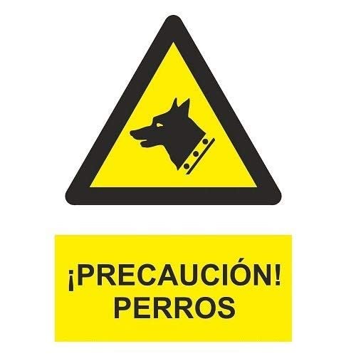 Señal ¡Precaución! Perros | Señal aviso de perros | Señal precaución perros | Aluminio | Certificado UNE 7010:2012 | 0,5 mm grosor | 21 x 30 cm | Color Amarillo | Exterior